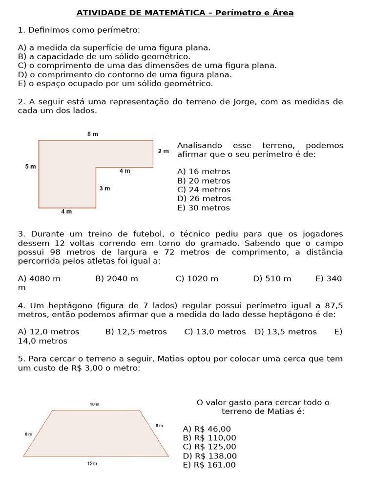 Atividades de Perímetro e Área | PDF | Metro | Casa e Jardim