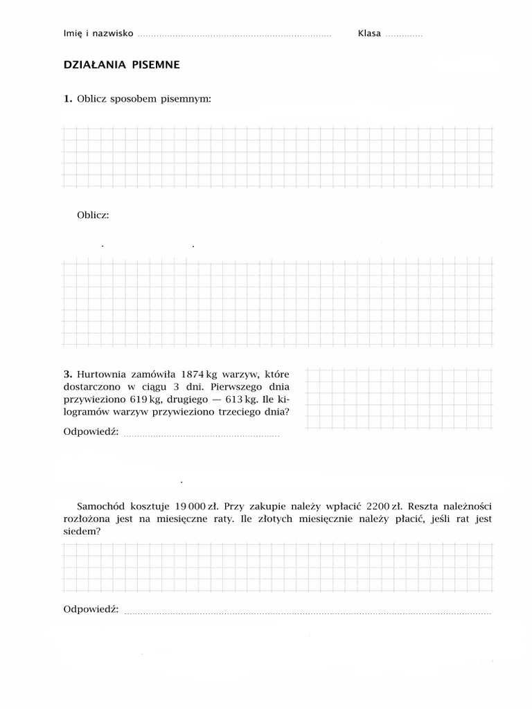 Dzialania Pisemne Klasa 4 Klasa 4 - Dzialania Pisemne - Sprawdzian | PDF