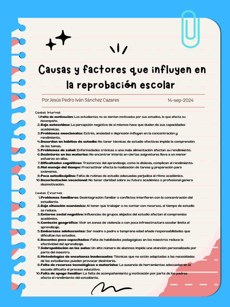 Causas y factores que influyen en la reprobación escolar | PDF