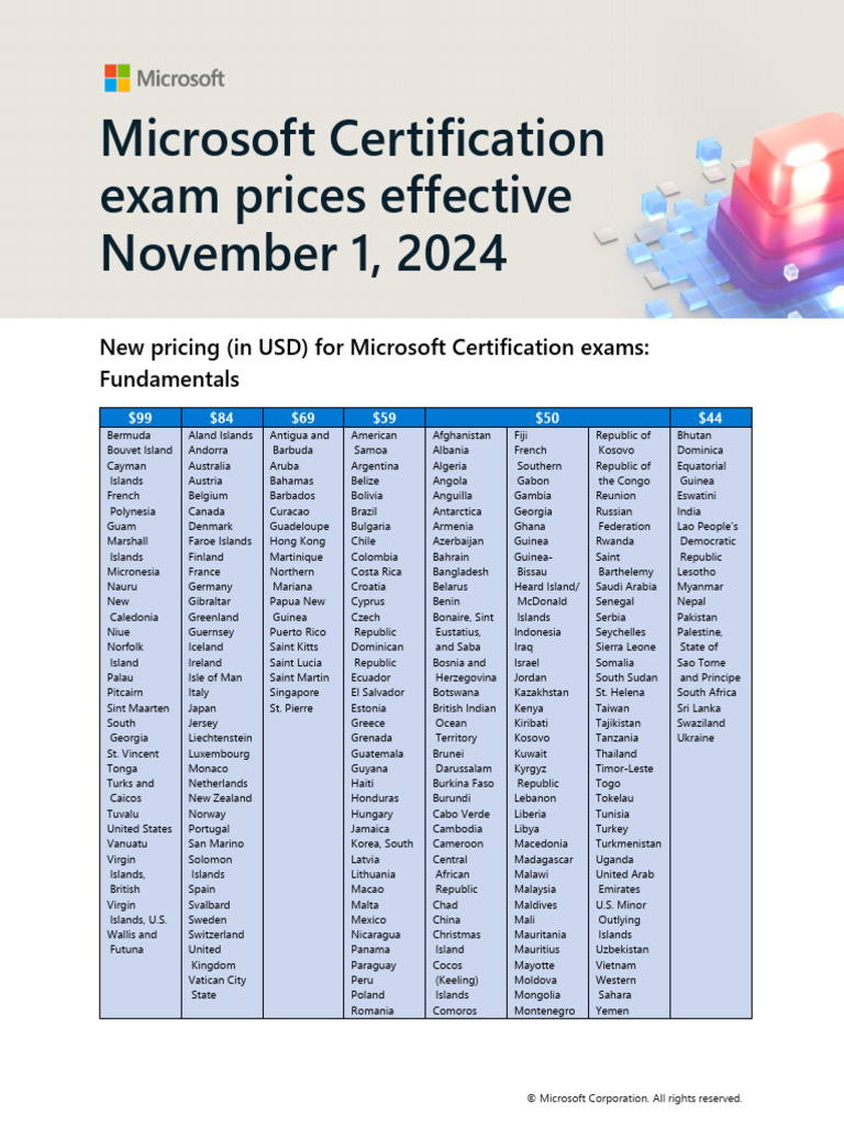 Microsoft Certification exam prices effective November 1 2024 PDF