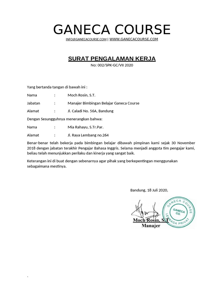 Ganeca Course: Surat Pengalaman Kerja | PDF