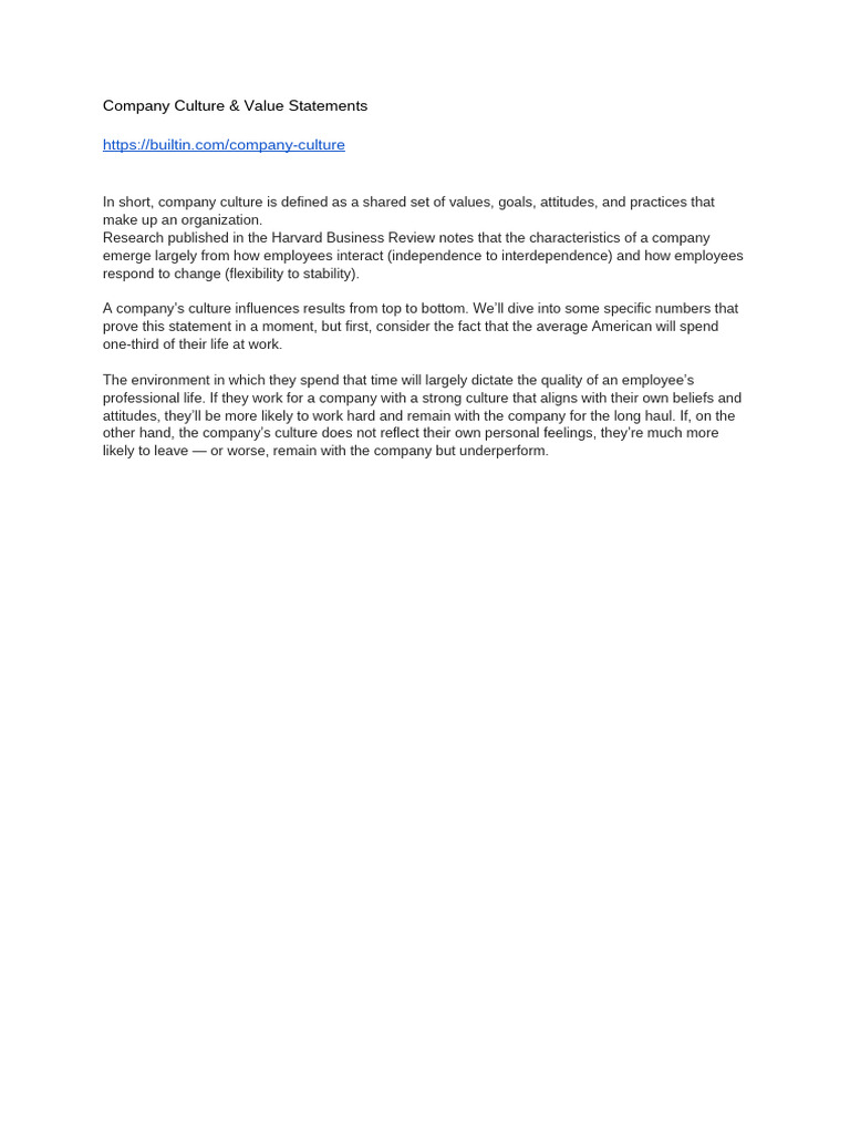 Company Culture & Value Statements | PDF