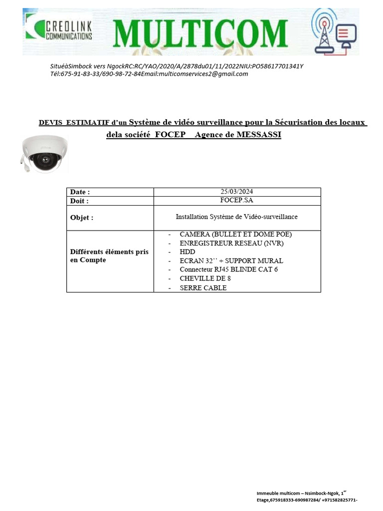 1 DEVIS ESTIMATIF video surveillance LOCAUX de FOCEP MESSASSI PDF — free download