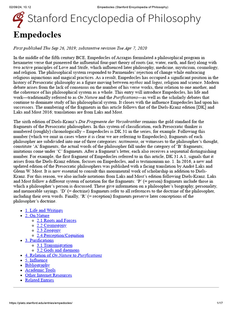 Empedocles Stanford Encyclopedia of Philosophy | PDF