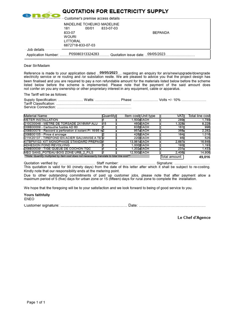 Quotation For Electricity Supply: Customer Signature: Date | PDF