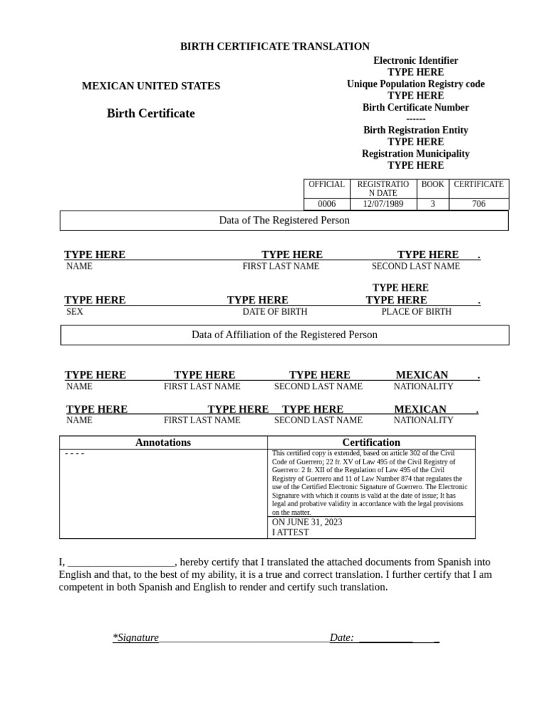 Mexican Birth Certificate Translation Template PDF