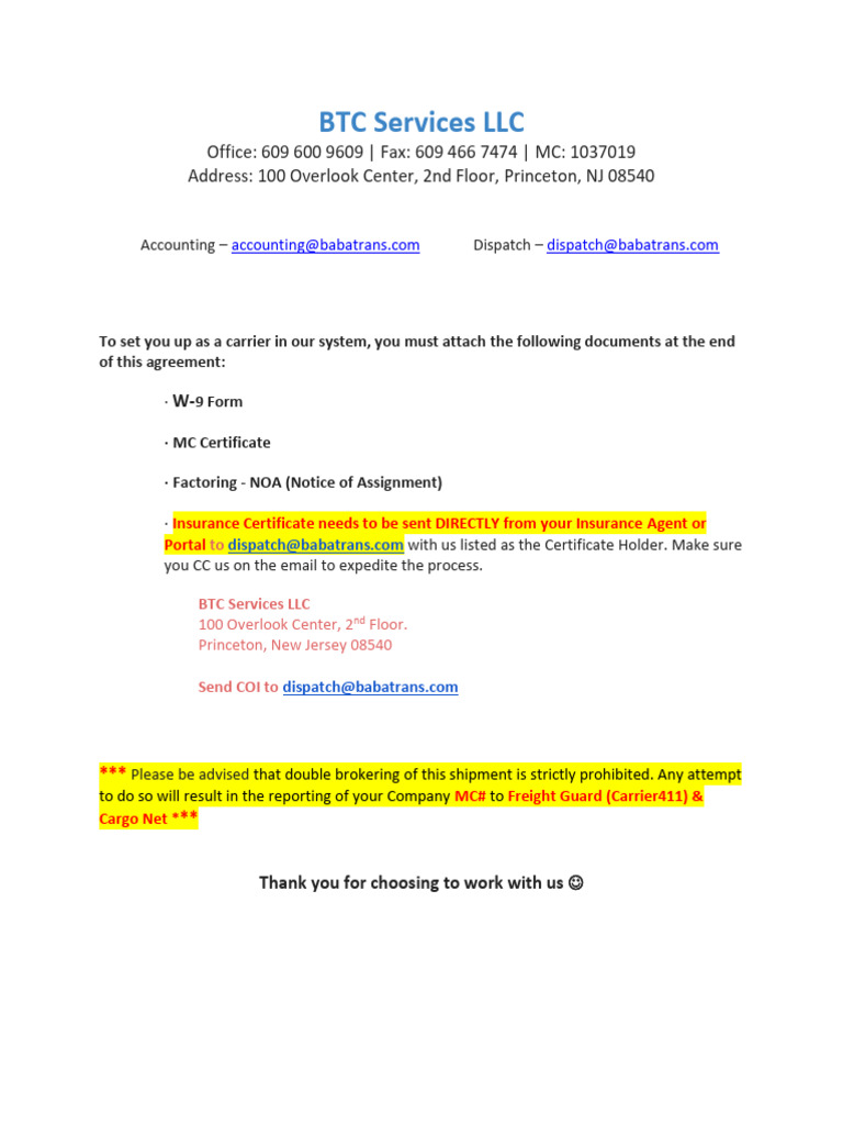 BTC Services Carrier Packet 2024 | PDF