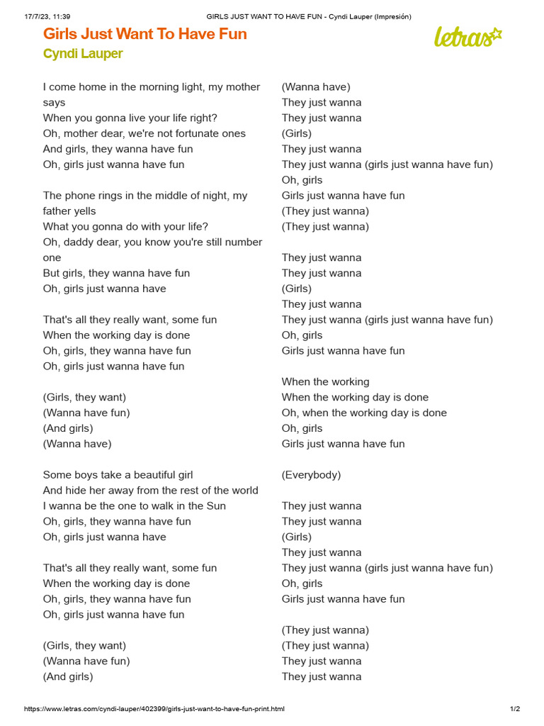 21 GIRLS JUST WANT TO HAVE FUN - Cyndi Lauper | PDF