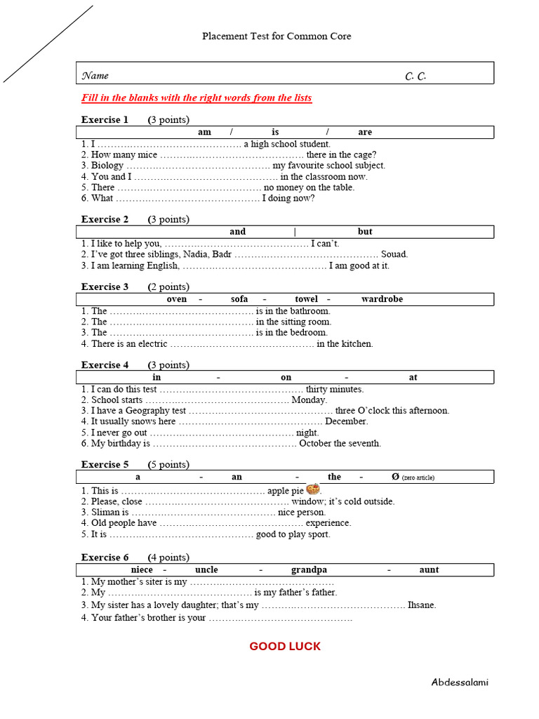 C C Placement Test 24 25 | PDF | Interior Design | Home