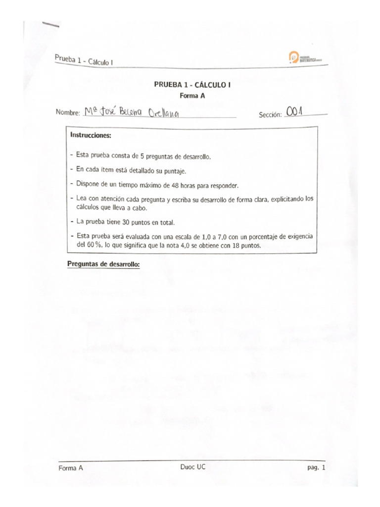 Prueba 1 Calculo 1 PDF | PDF