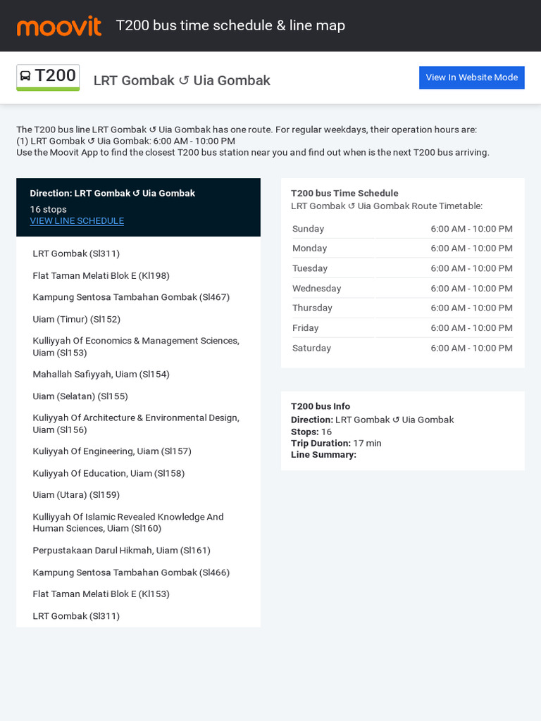 LRT Gombak Uia Gombak: T200 Bus Time Schedule & Line Map | PDF ...