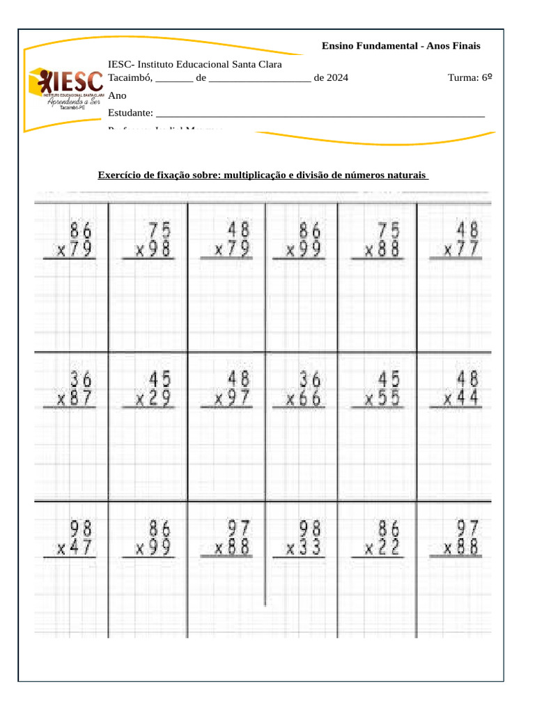 Multiplicação e Divisão Exercício 6 Ano | PDF