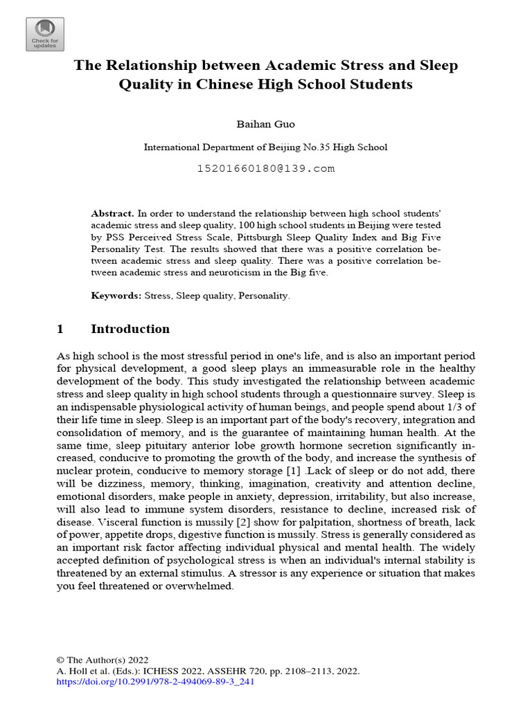 The Relationship Between Academic Stress and Sleep Quality in Chinese ...