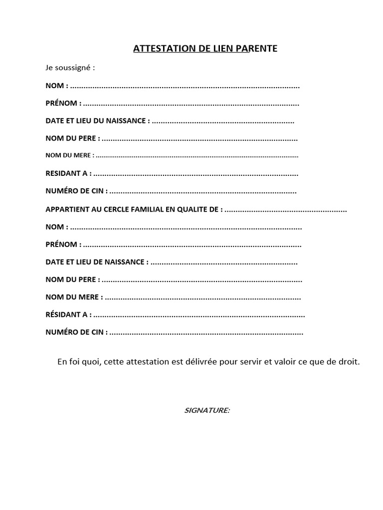 Attestation De Lien Parente 1 Pdf