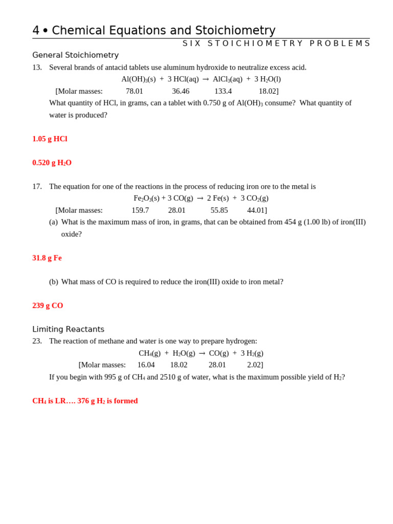 Stoichiometry Practice - 6 Problems ANSWERS | PDF