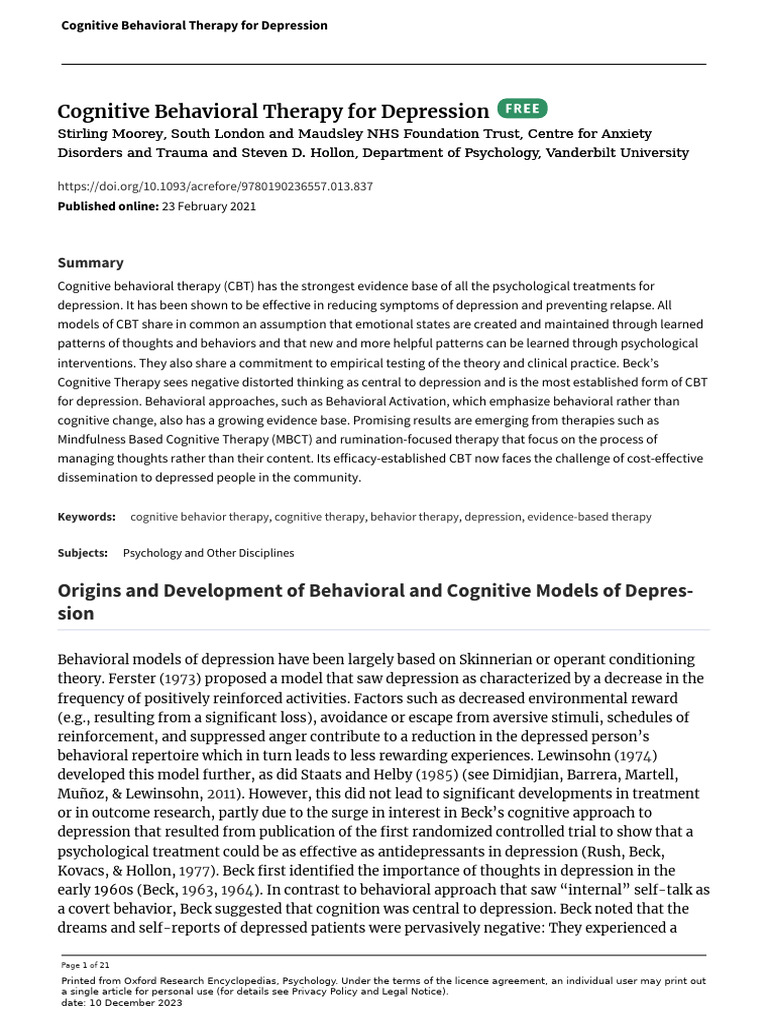 Beck's Cognitive Model For Depression | PDF
