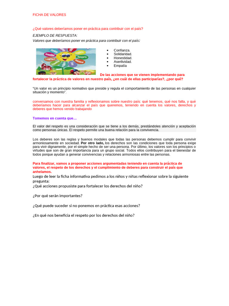 Ficha de Valores para la Convivencia | PDF | Crecimiento personal y ...