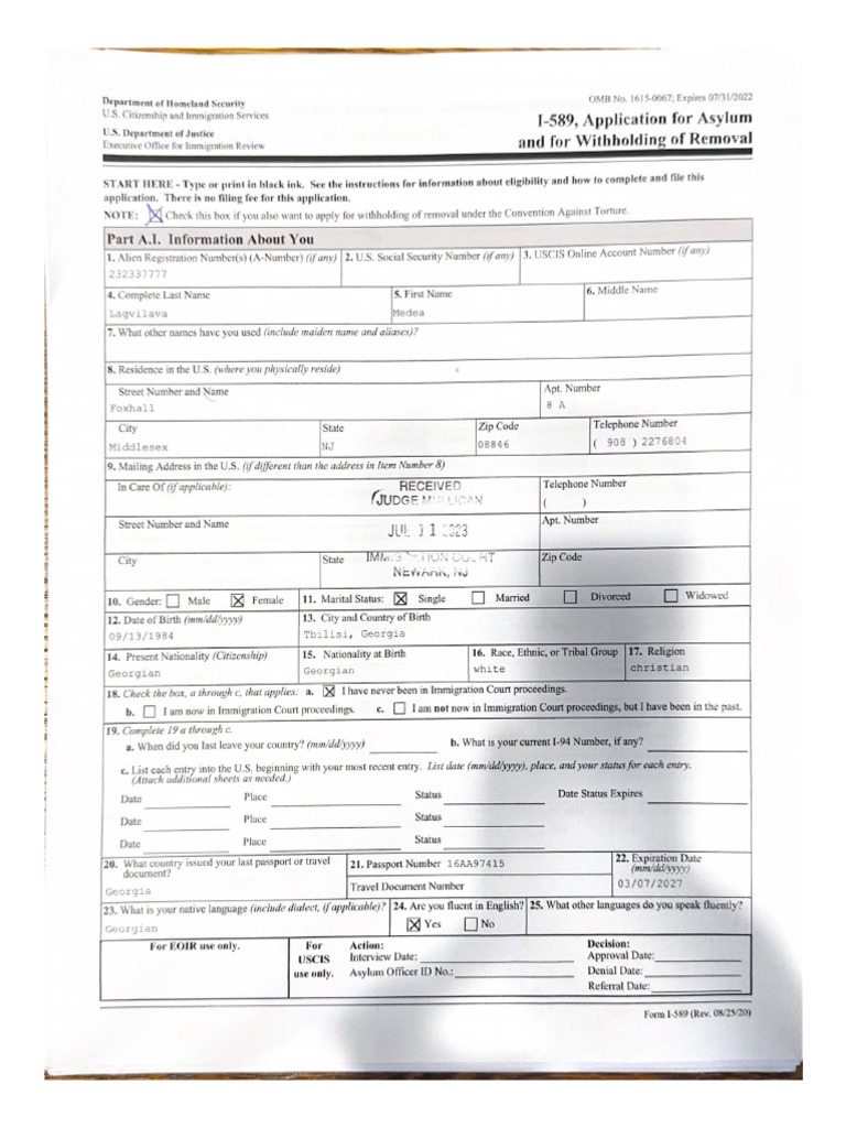 1-589, Application For Asylum | PDF