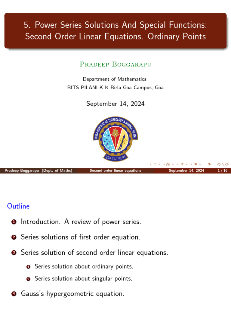 Second Order Linear Equations. Ordinary Points | PDF