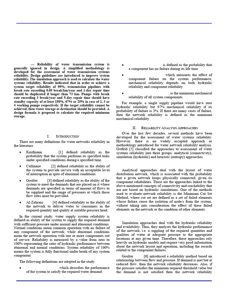 Water Transmission System Reliability Analysis | PDF | Reliability ...