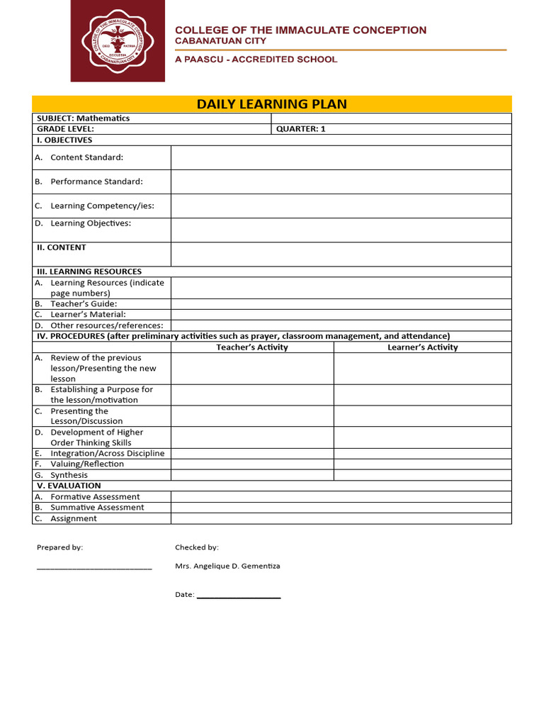 Daily Mathematics Learning Plan | PDF | Art