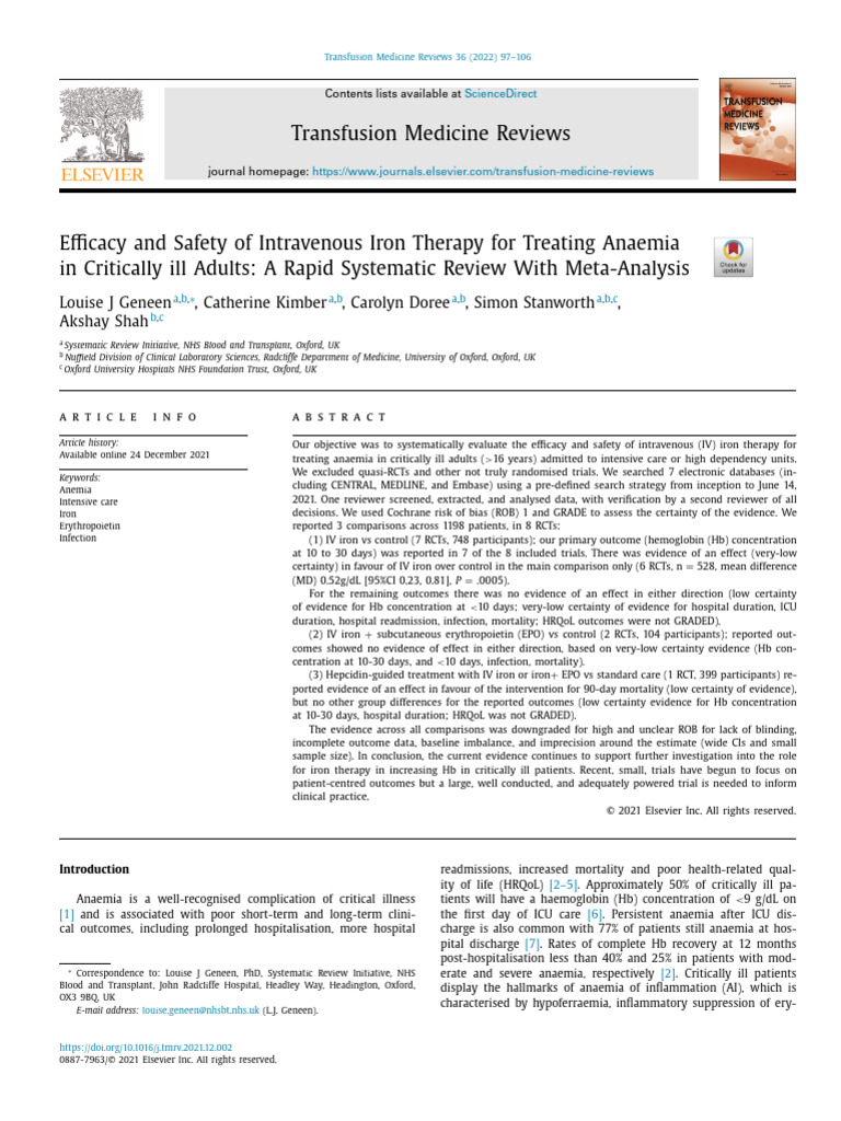 Efficacy and Safety of Intravenous Iron Therapy For Treatin - 2022 ...