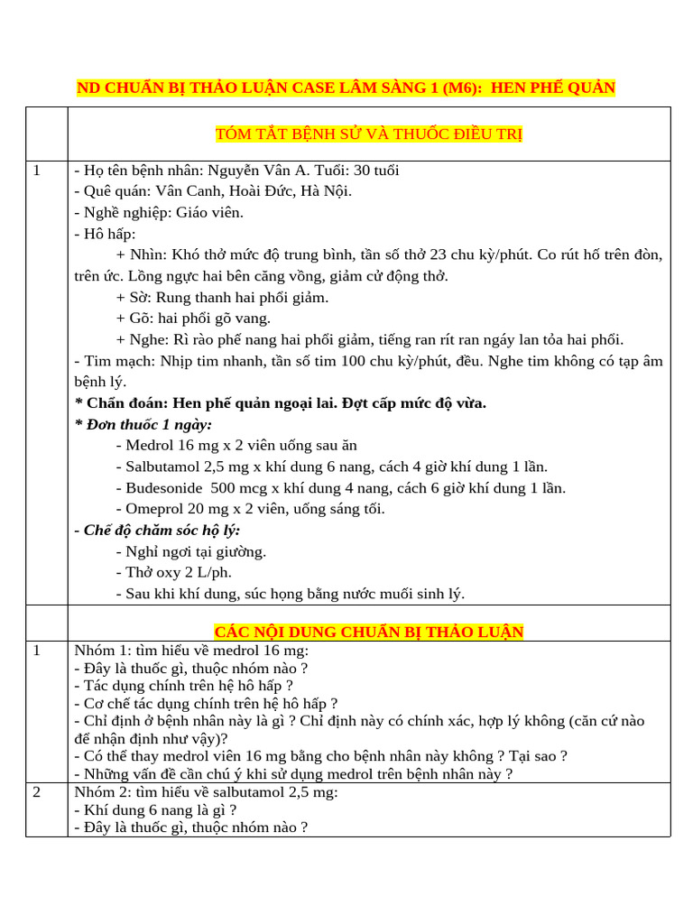 - NTB - CÂU HỎI CASE LS - 1 - M6 - HEN PHẾ QUẢN | PDF
