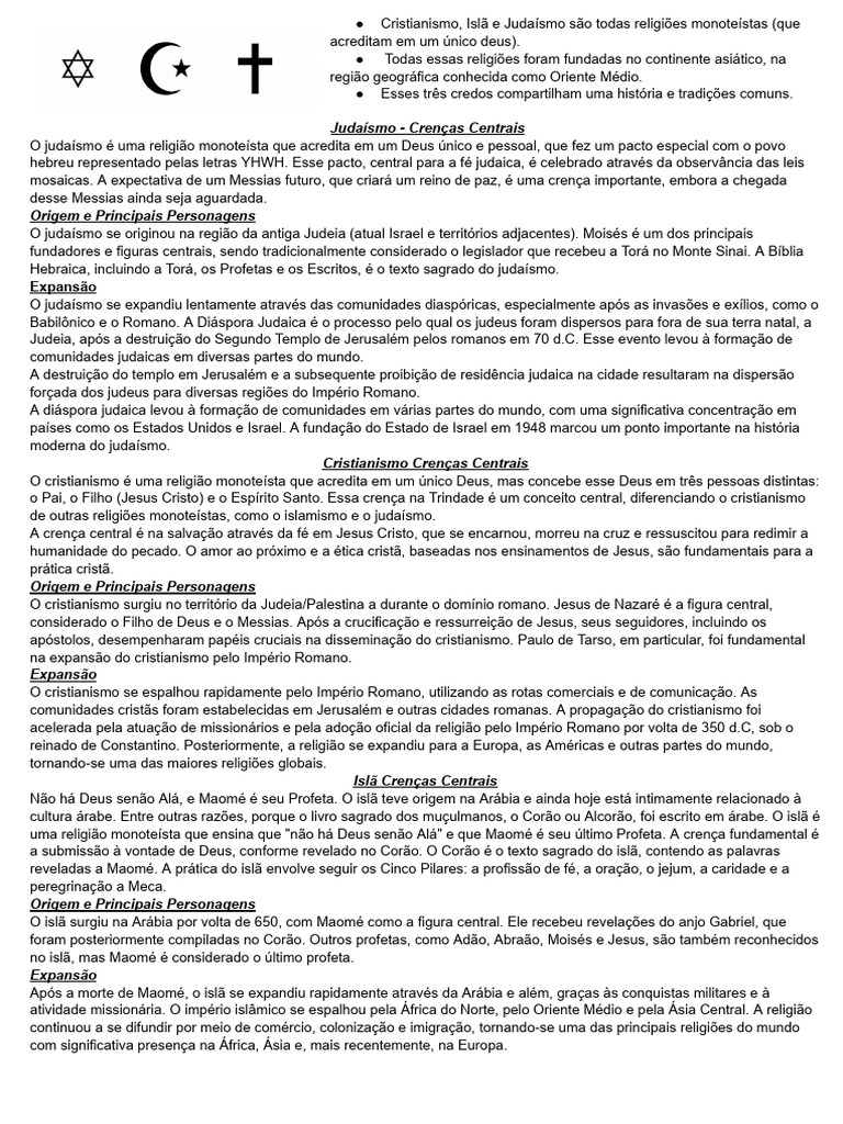 Tabela Religiões Monoteístas | PDF
