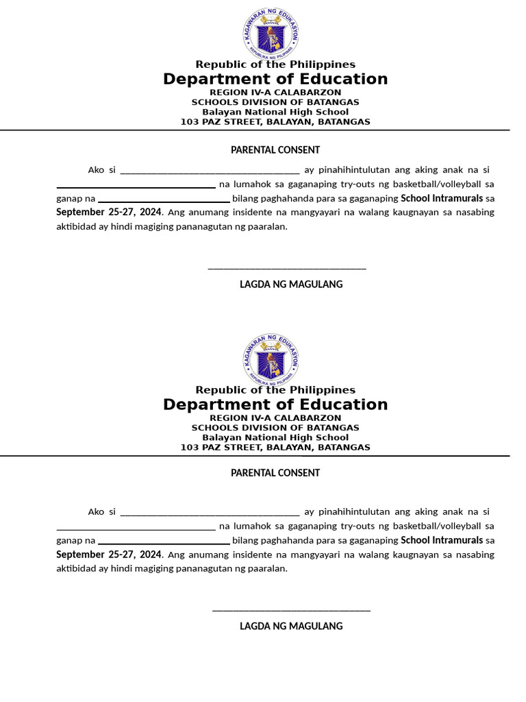 Parental Consent for Intramurals | PDF