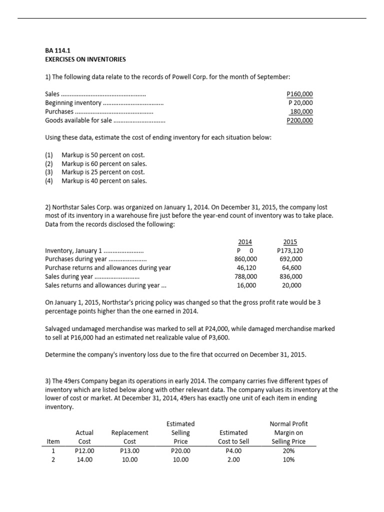 BA 114.1 Exercises On Inventories | PDF