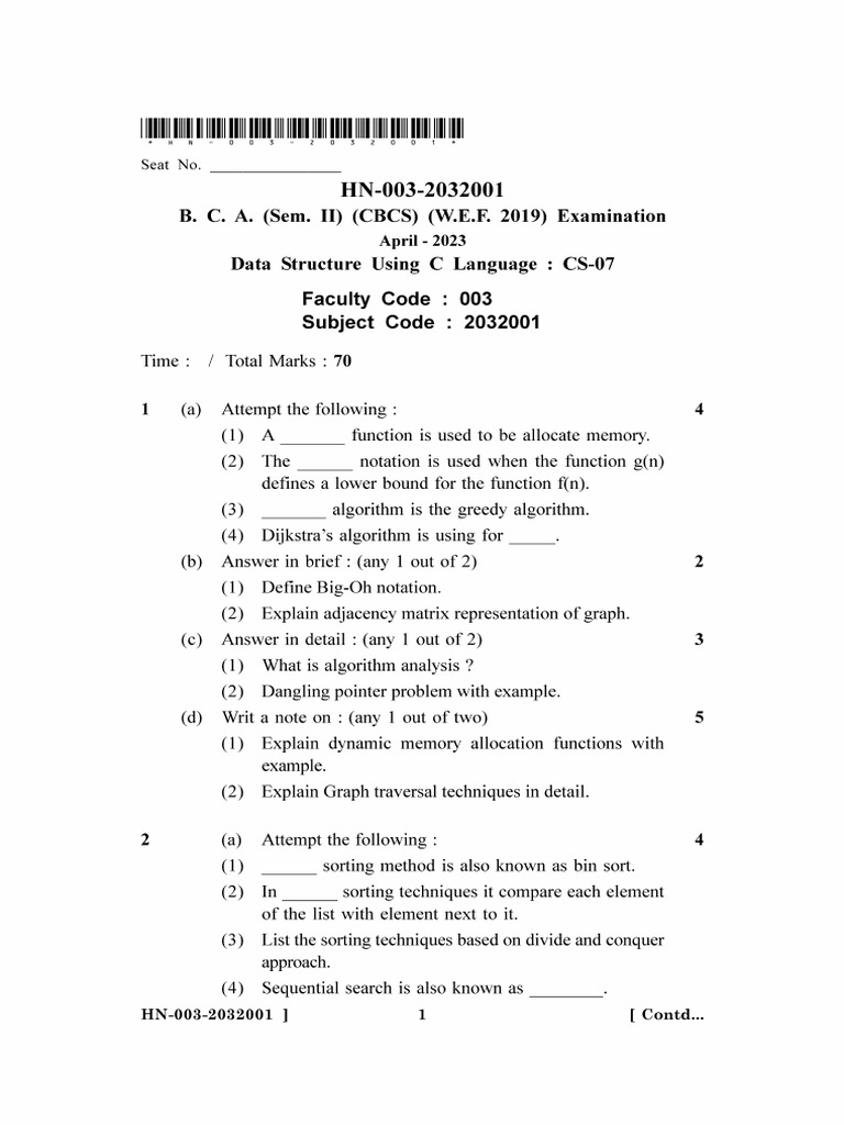 Data Structures Exam Paper - C Language | PDF | Queue (Abstract Data ...