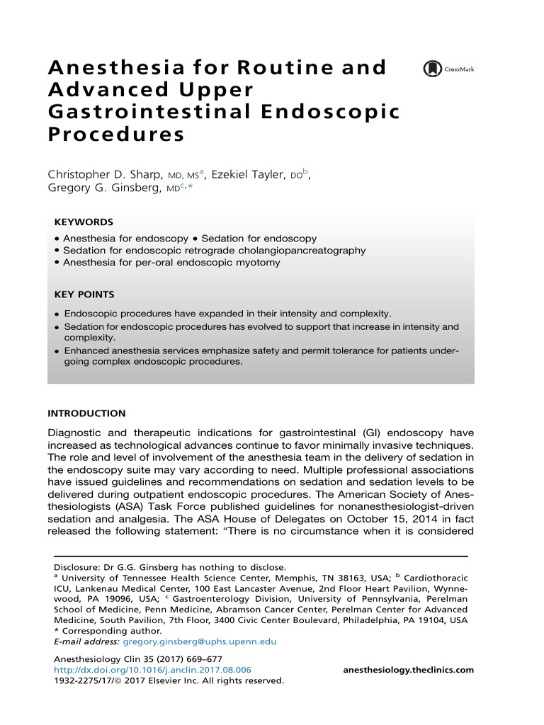 Anaesthesia For Gastric Endoscopic Procedures | PDF
