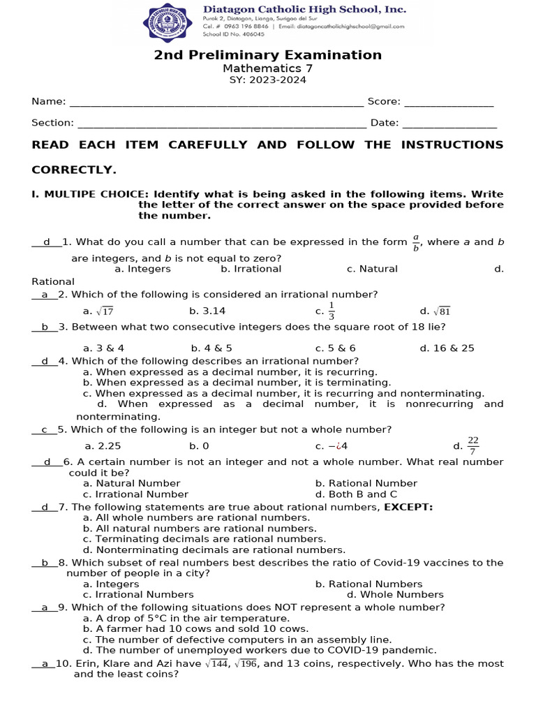 2nd Prelim Math 7-AK | PDF