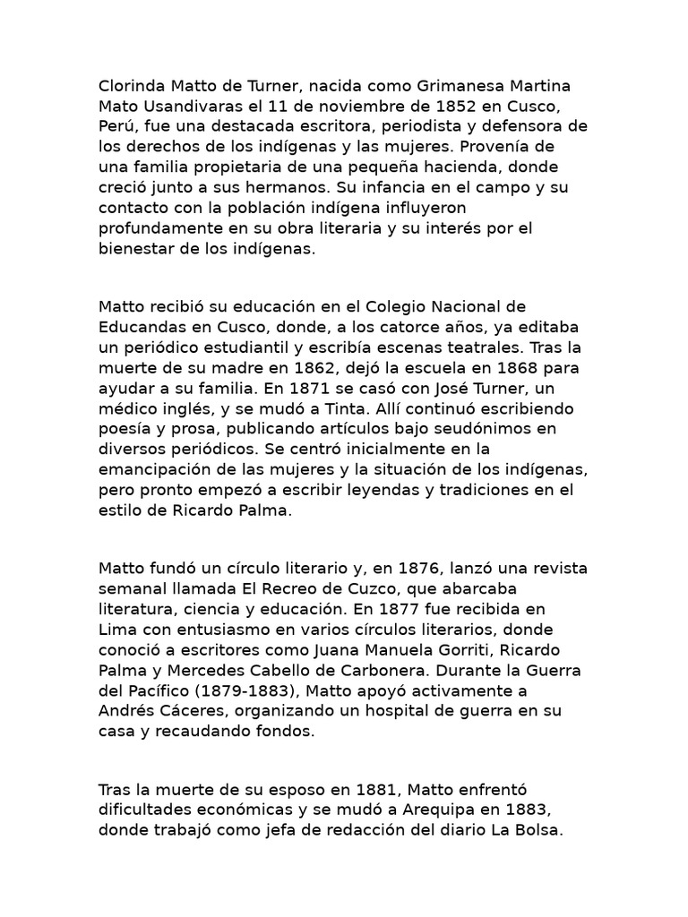 Biografía De Clorinda Matto De Turner Pdf
