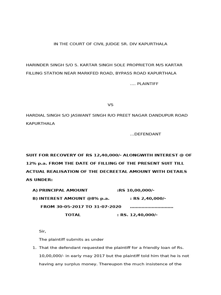 Suit For Recovery Pdf