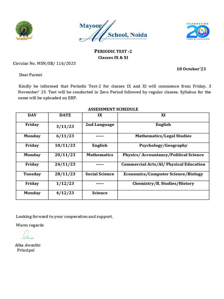 Periodic Test-2 Schedule for IX & XI | PDF