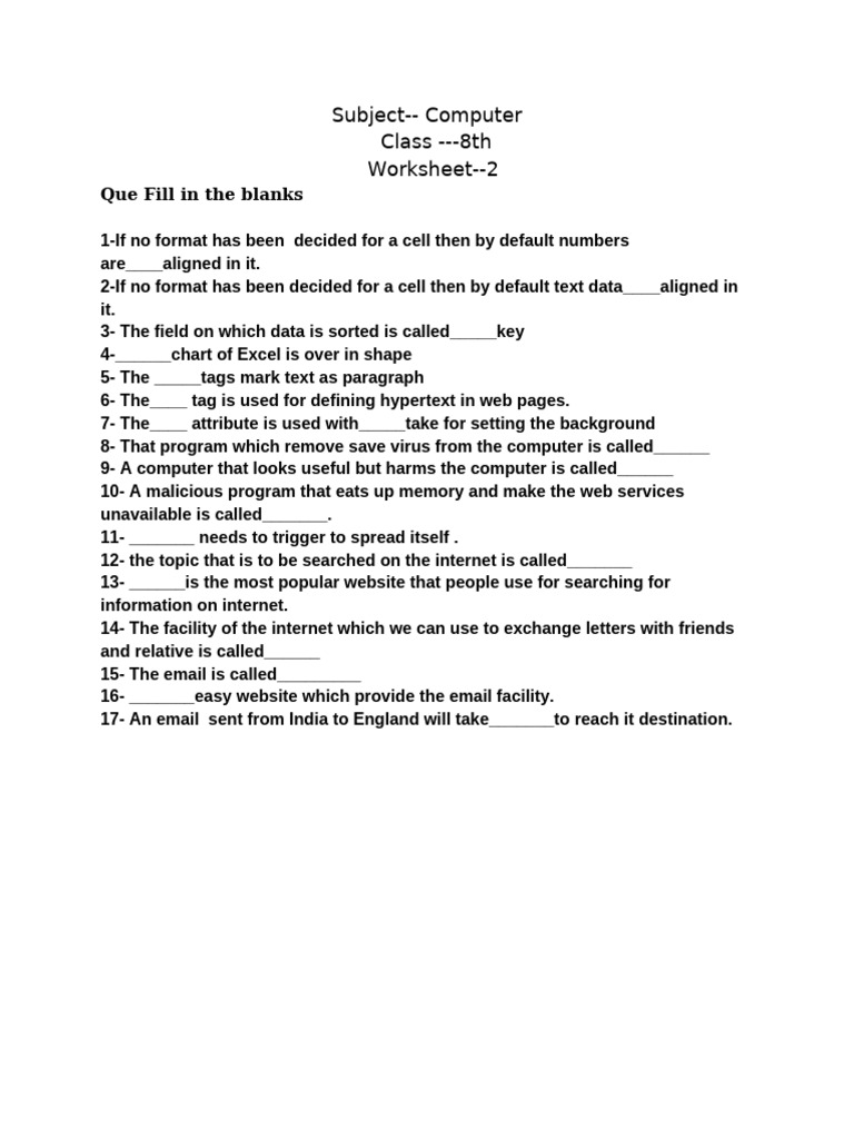 Subject - Computer Class 8 Worksheet 2 | PDF