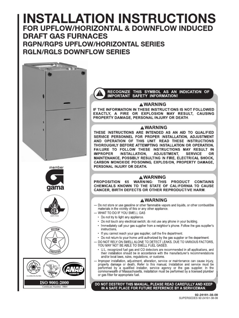 Rheem Gas Furnace Installation Manual | Furnace | Duct (Flow)
