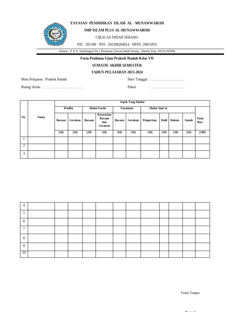 Form Penilaian SAS Kelas VII Semester Genap | PDF