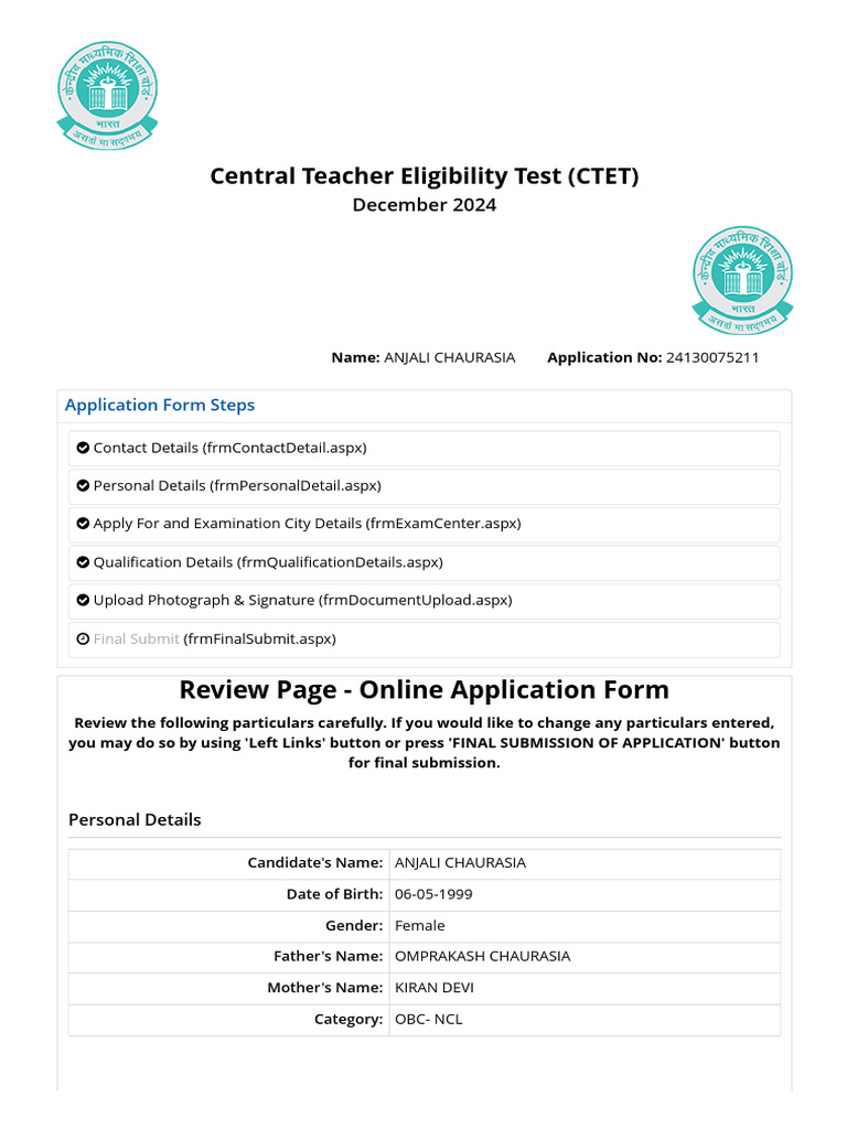 Examinationservices - Nic.in ExamSysCTET Registration frmFinalSubmit ...