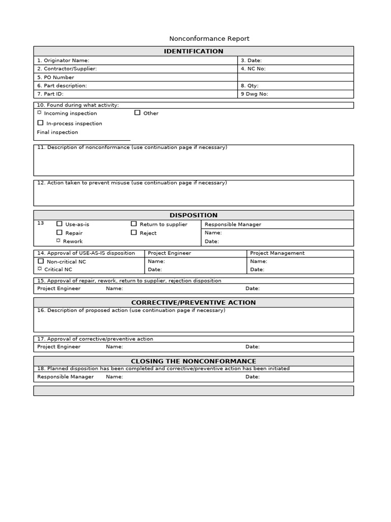 Non Conformance Report Word Template | PDF