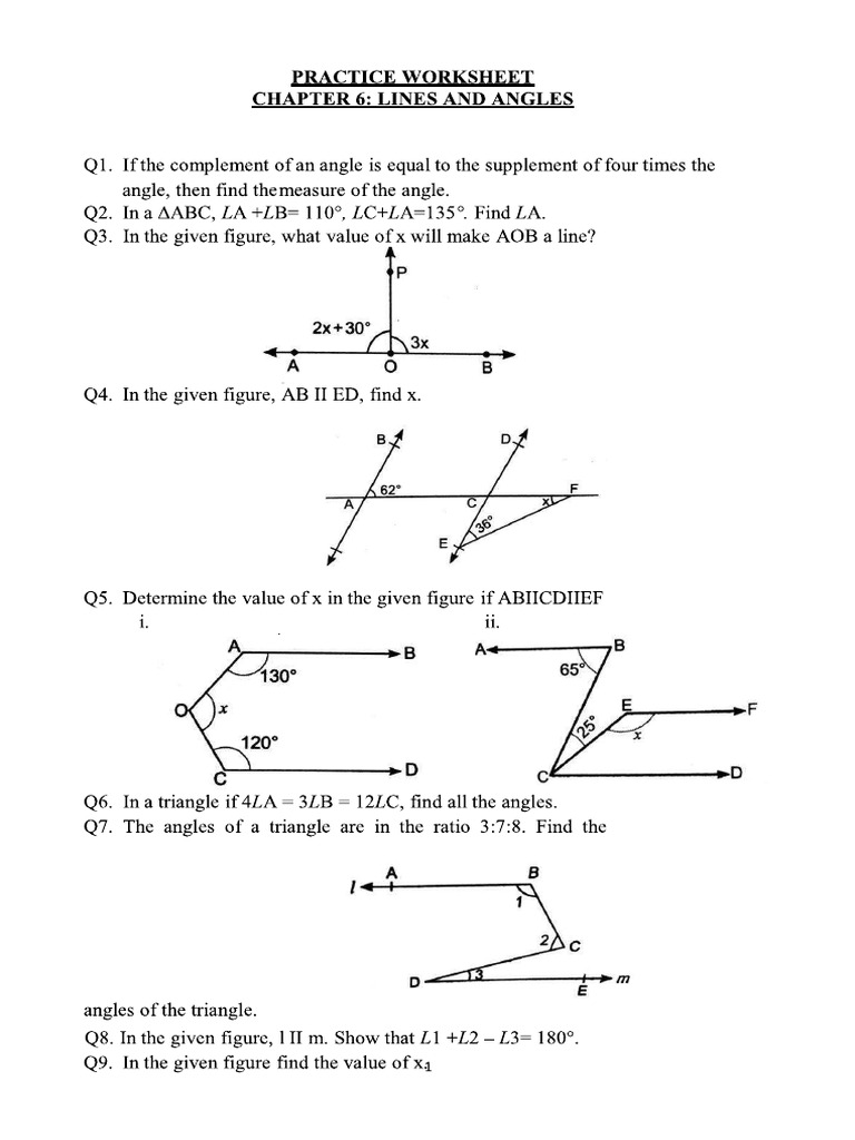 Lines and Angles Worksheet | PDF