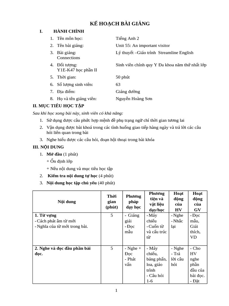 Unit 55 Lesson Plan Version 1.6 Dung S A 1.0 | PDF