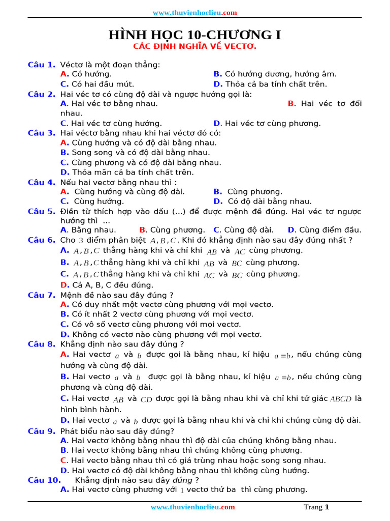 Bai Tap Trac Nghiem Hinh 10 Chuong 1 Co Dap An | PDF