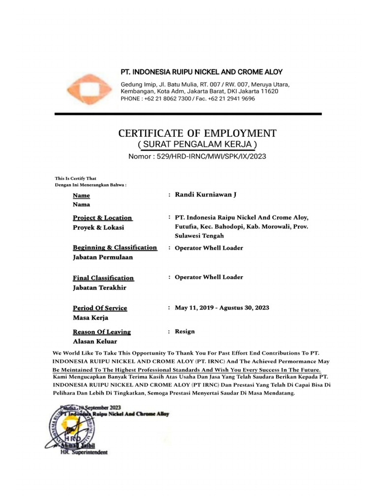 Surat Pengalaman Kerja Randi | PDF