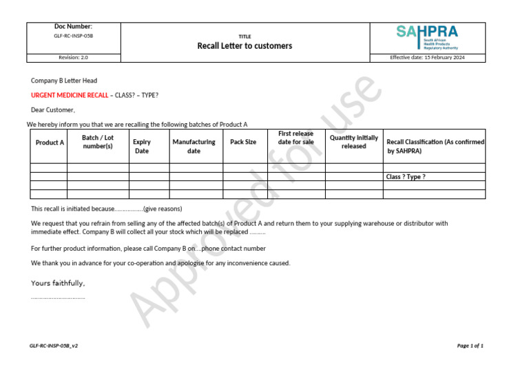 GLF RC INSP 05B - v2 Recall Letter To Customers | PDF