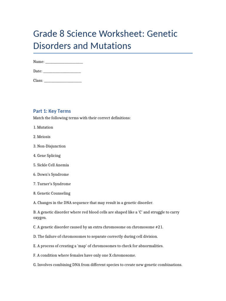 Grade 8 Genetic Disorders Worksheet | PDF