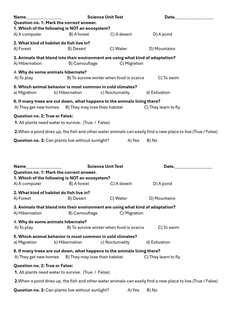 Unit 4 Test Science Class 4 Pdf
