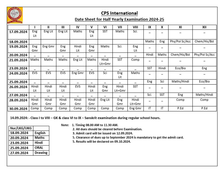 Class 10 Half Yearly Exam Schedule 2024-25 | PDF