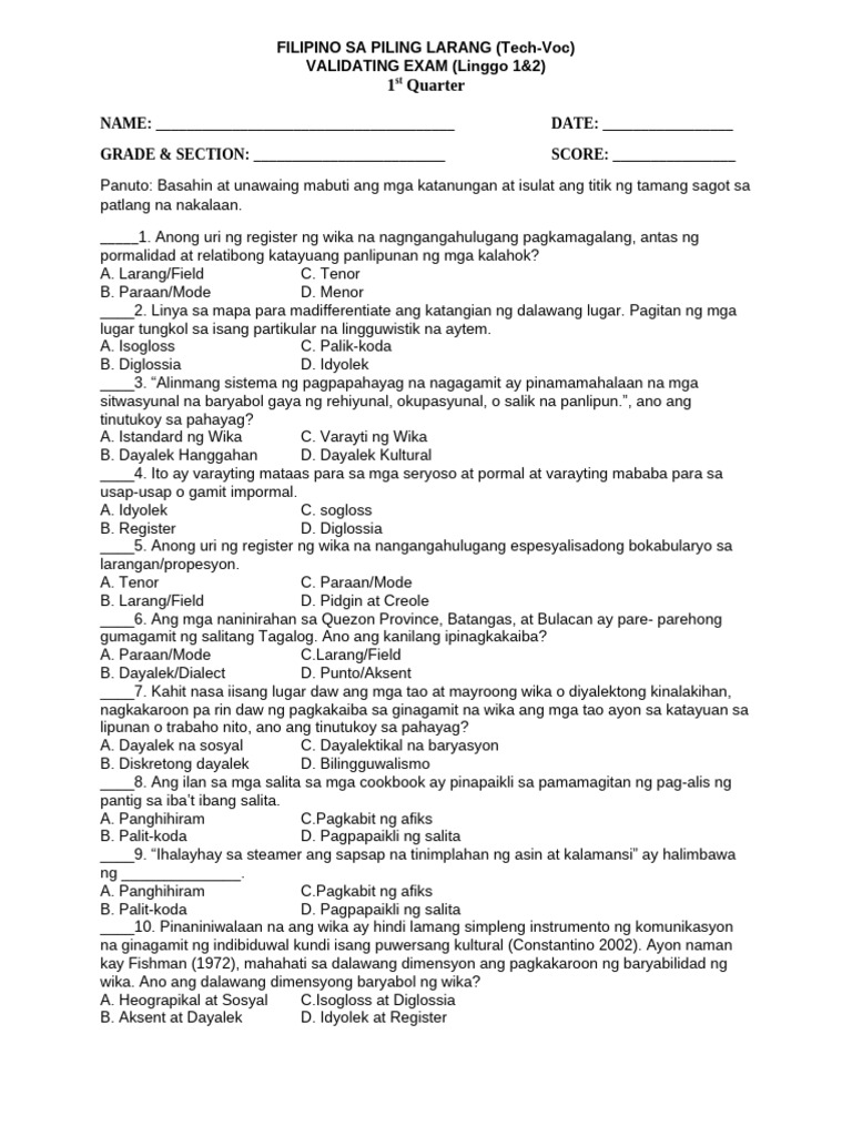 Filipino Sa Piling Larang Tech Voc Validating Test 4 | PDF